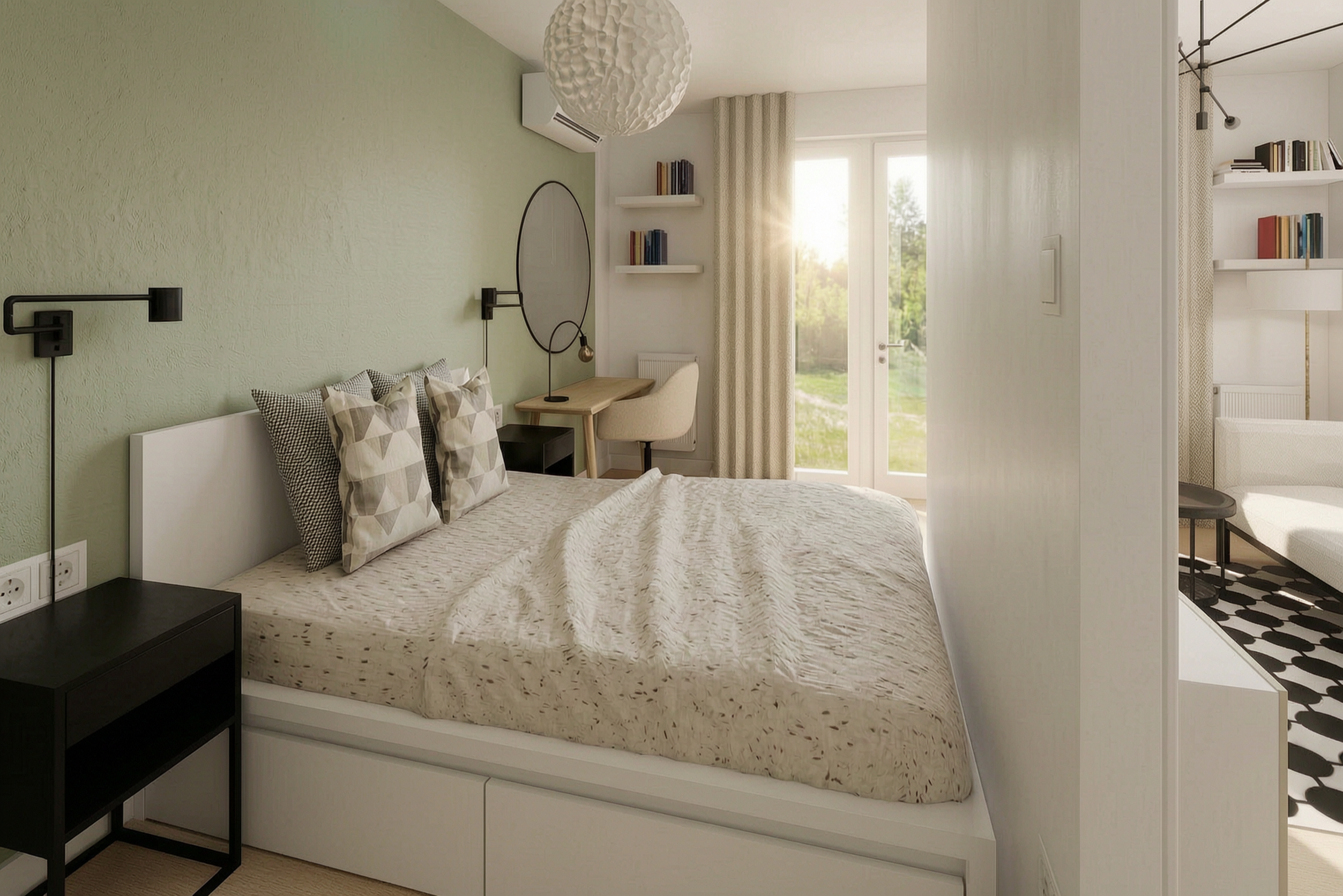 Compact bedroom with soft neutral textiles and bedside table