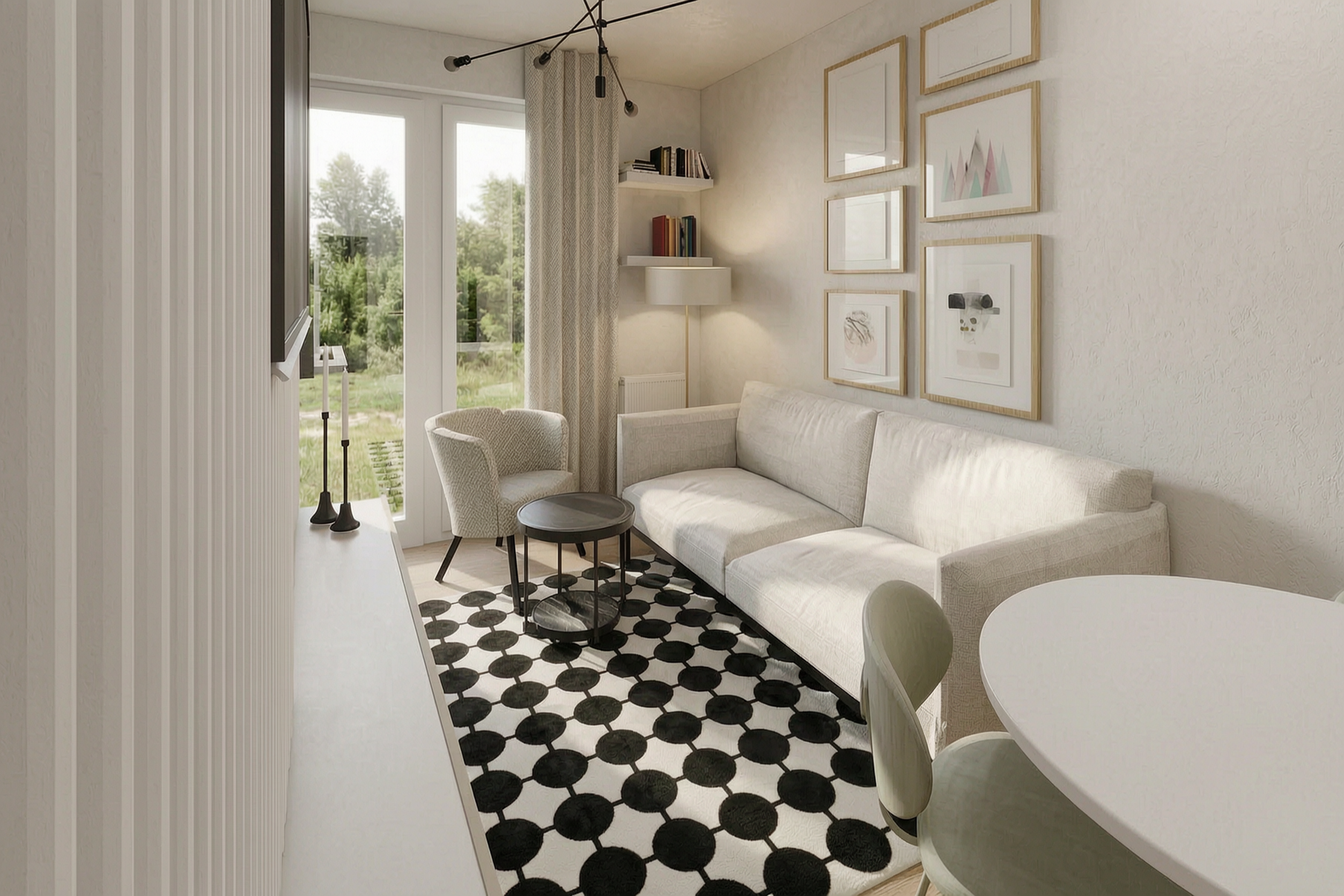 Bright compact Airbnb apartment living room with garden view