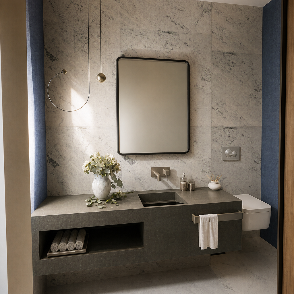 Bathroom vanity with dark stone counter and textured wall