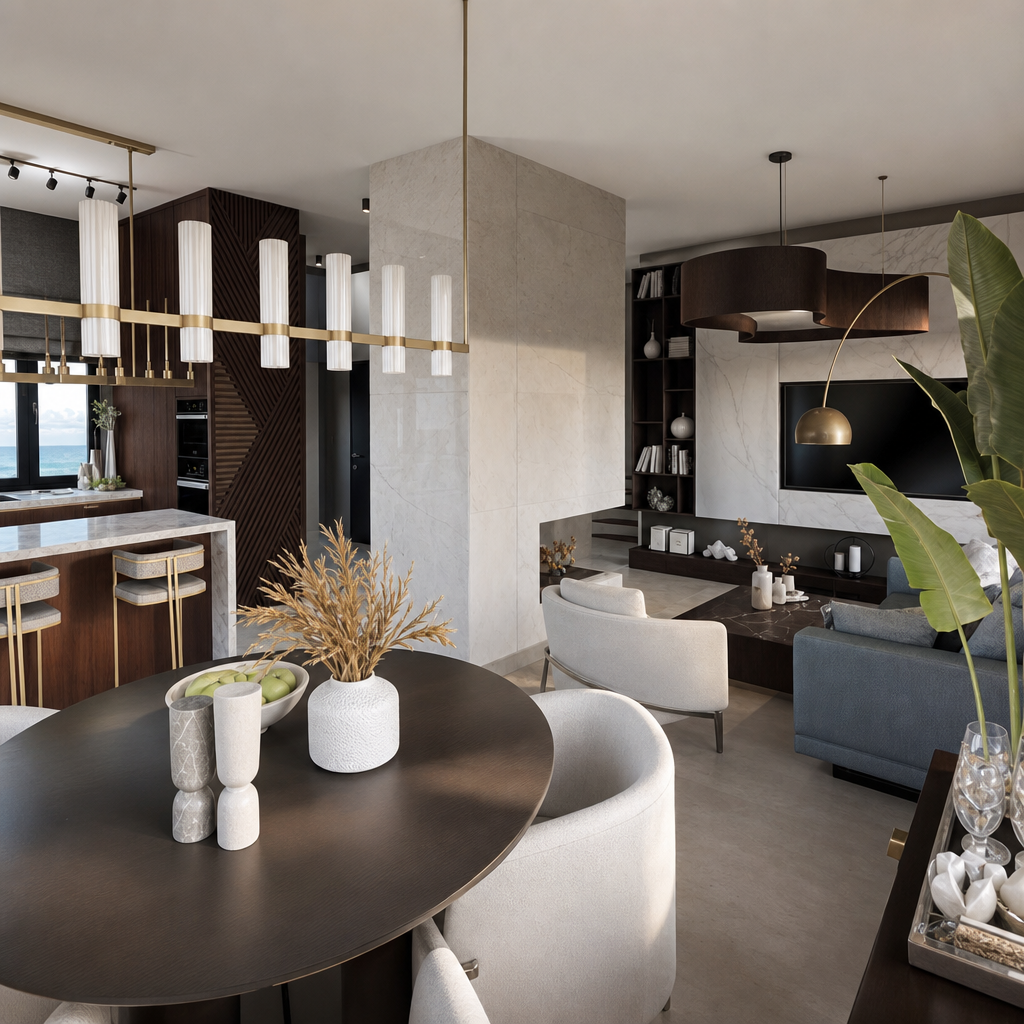 Open kitchen and living area with warm wood, island and dining table