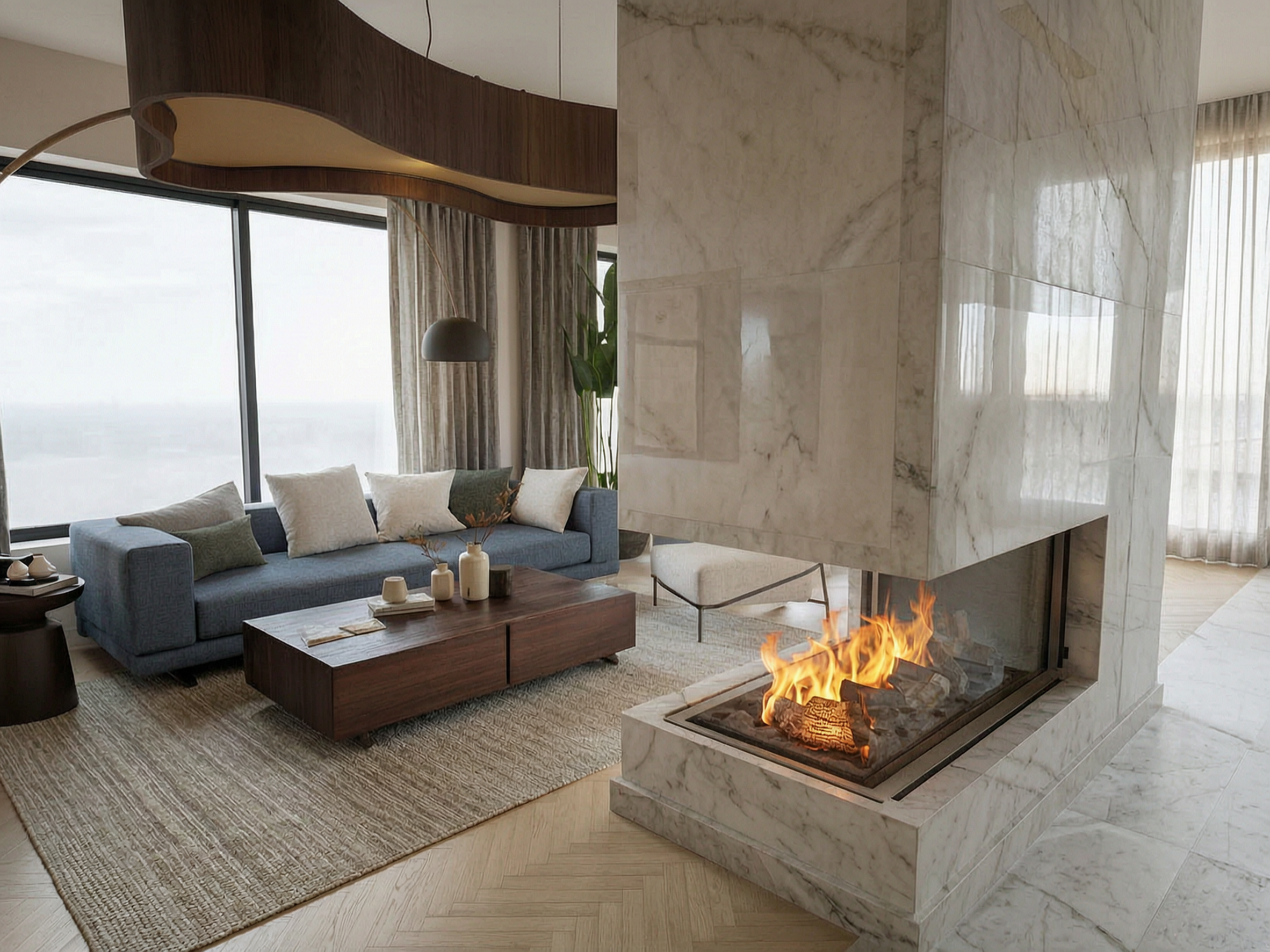 High-end city apartment living room with marble fireplace