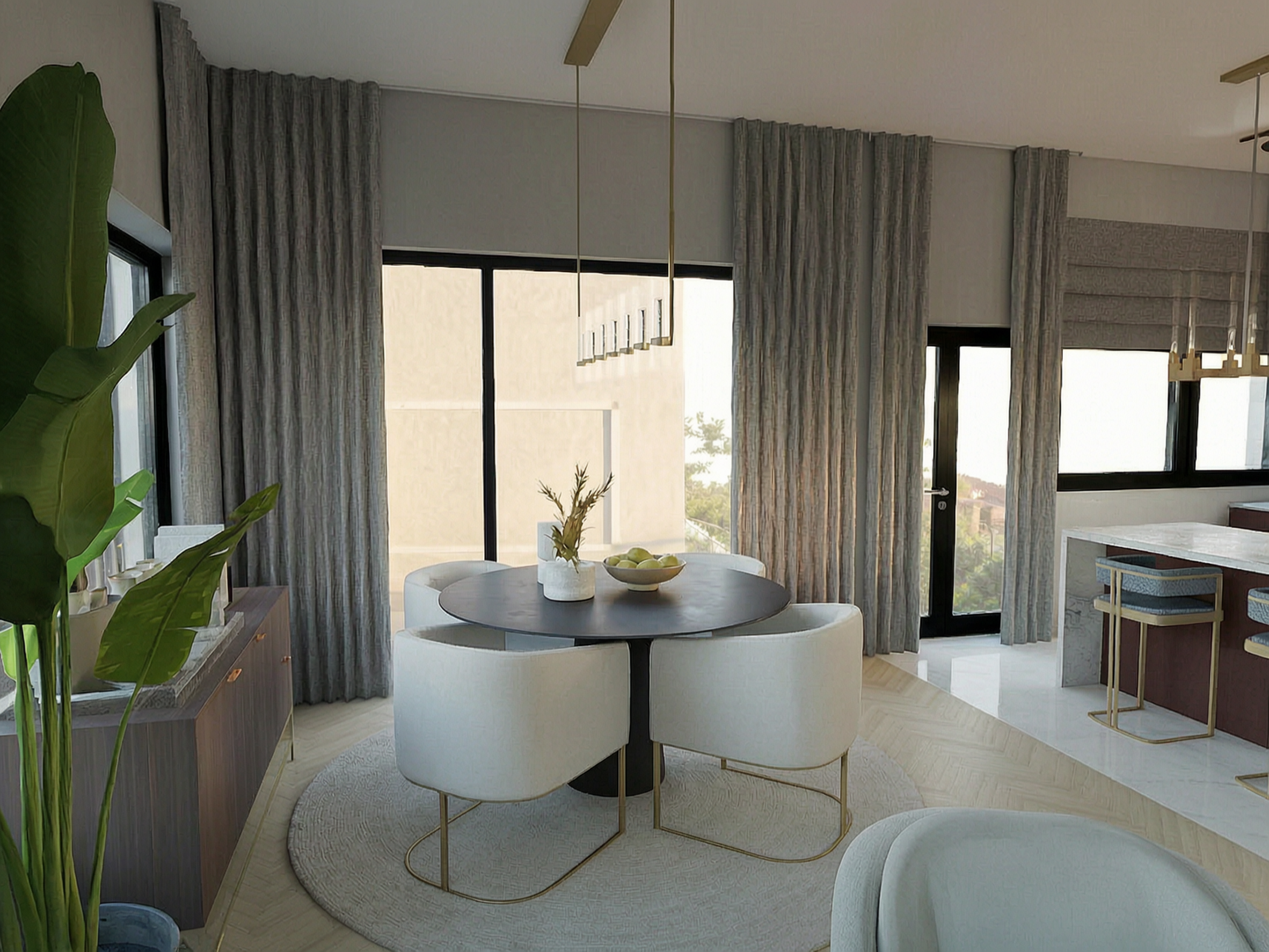Small breakfast area by city windows with round table and curtains