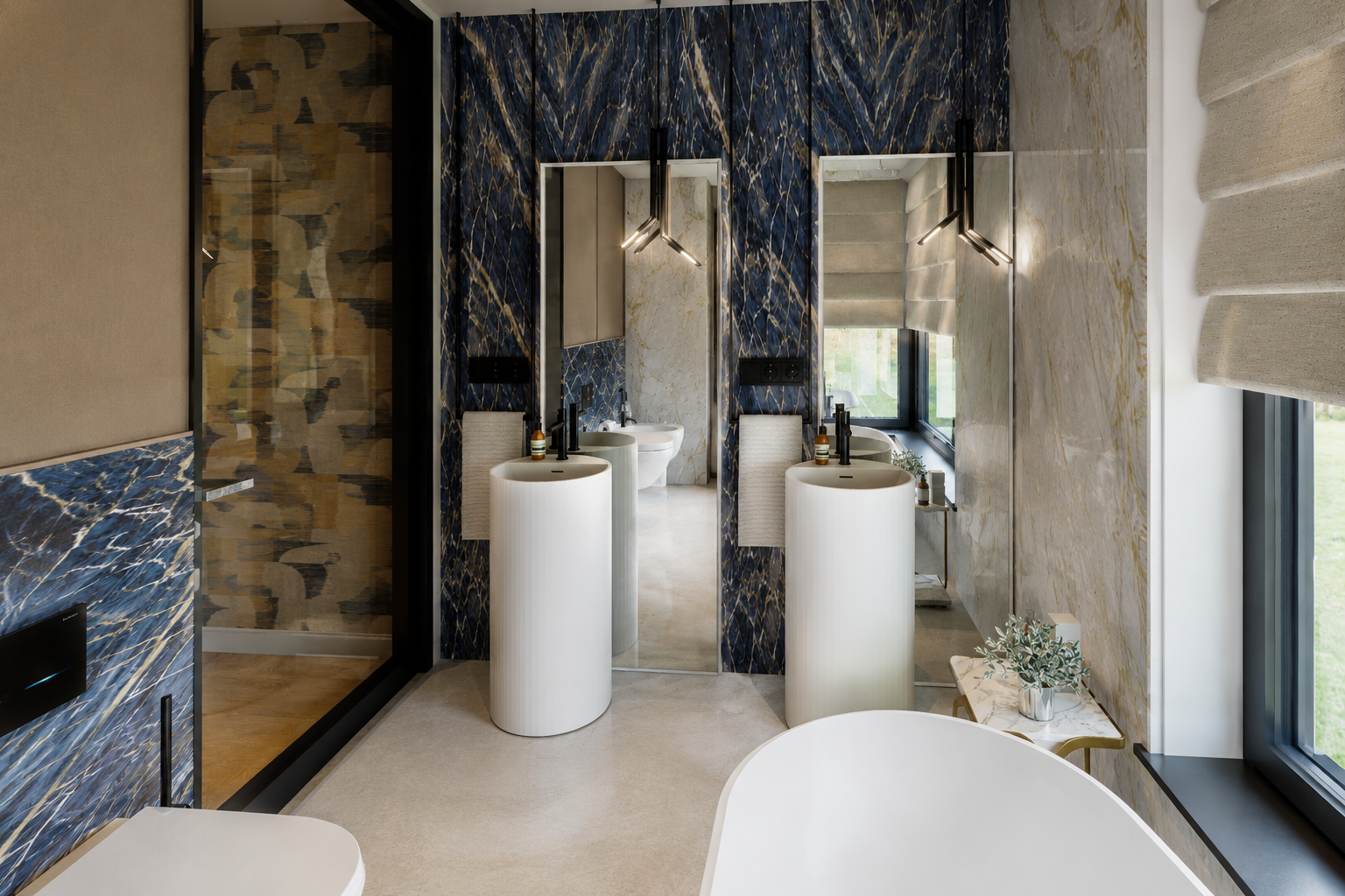 Bathroom vanities with blue stone cladding, mirrors and delicate pendant lights