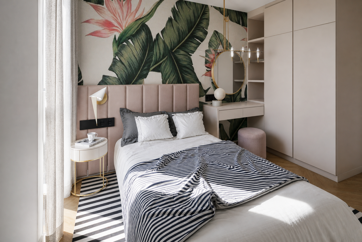 Bedroom for a teen girl with botanical wallpaper, vanity and soft pink details