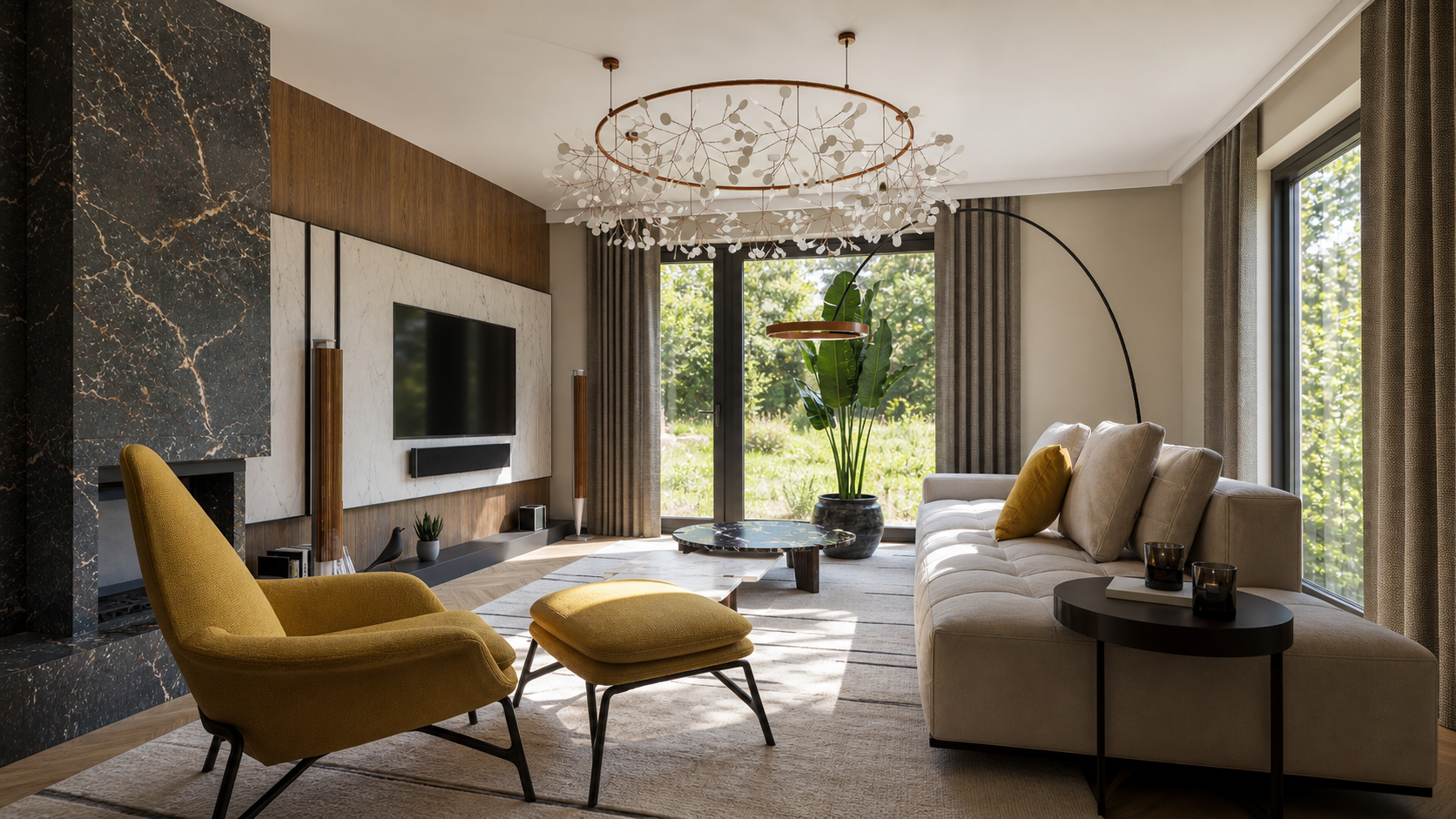 Living room view with sofa, yellow lounge chair, curtains and garden-facing windows