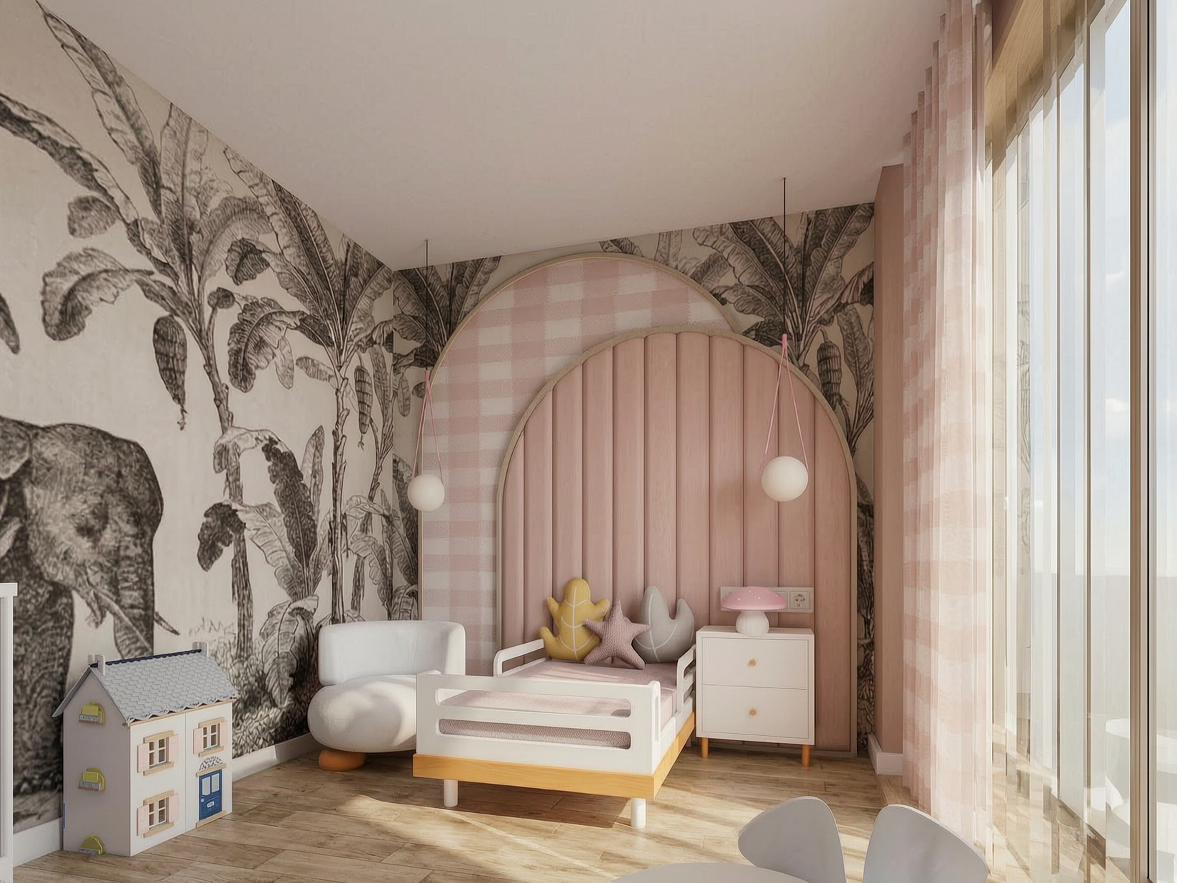 Children's room with pink canopy, animal wall mural and low furniture